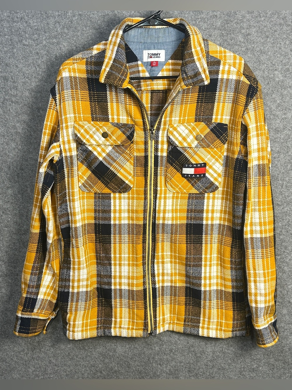 Tommy Hilfiger XS Mustard Black Plaid Zip Logo Shirt Jacket Casual 90’s Style